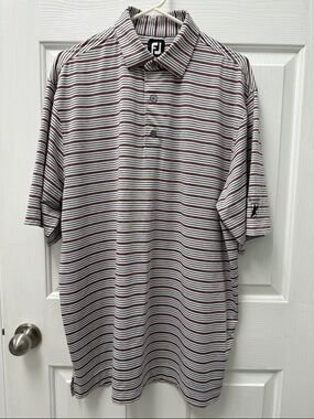 FootJoy Men’s Short-Sleeve Striped Polo - Grays and Red Gleneagles Logo